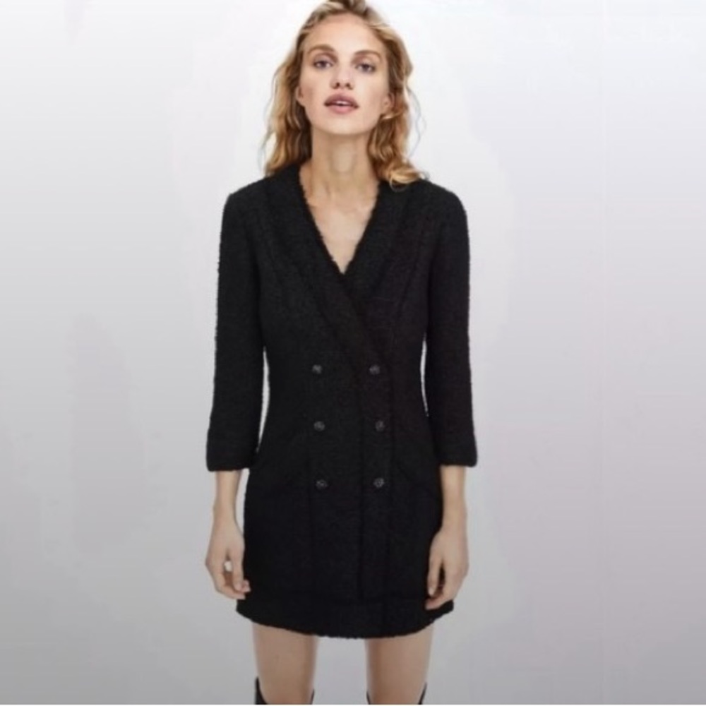 Zara Black Tweed Blazer Dress V Neck 3/4 Sleeve XS